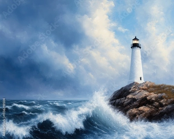 Fototapeta A serene lighthouse stands on a rocky shore, surrounded by turbulent waves and dramatic clouds, guiding ships safely.