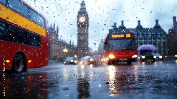 Fototapeta A rainy scene in London featuring red buses and the iconic Big Ben in the background, with droplets on the lens creating a blurred effect.