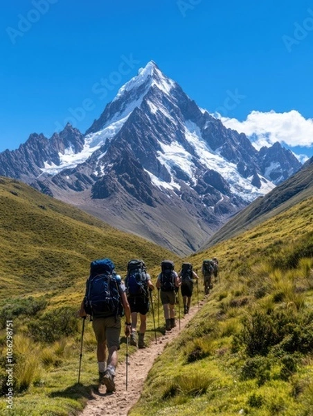 Obraz A scenic mountain trail with hikers approaching a majestic snow-capped peak under a bright blue sky.