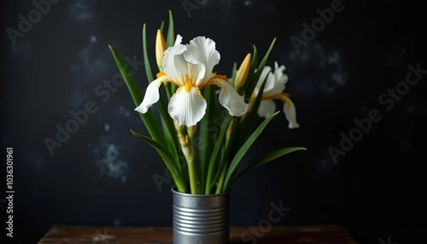 Fototapeta  Elegance in bloom  A bouquet of white and yellow lilies in a metallic vase