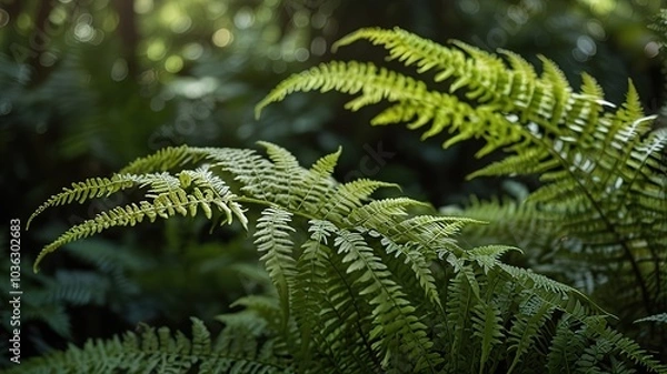Fototapeta Lush green ferns in a tranquil forest setting.