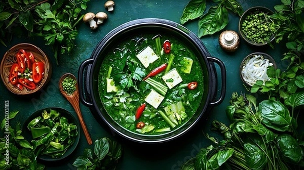 Obraz Green Vegetable Soup with Tofu and Chili Peppers