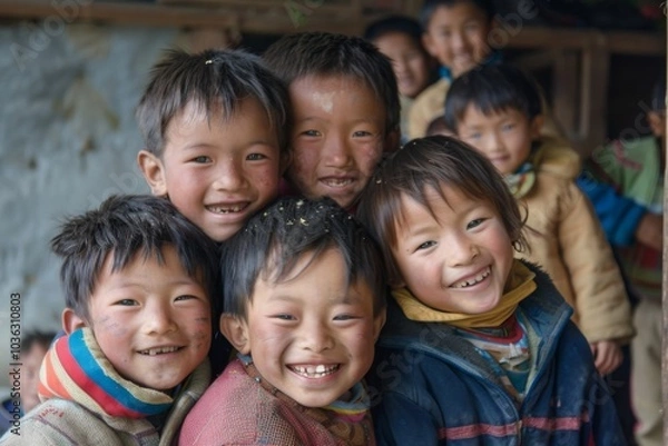 Fototapeta Group of asian children smiling and looking at camera.