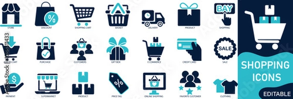 Fototapeta shopping icon set Solid flat vector icons collection.