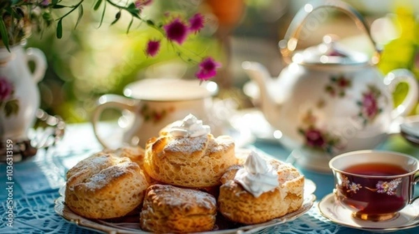 Fototapeta Elegant afternoon tea setup with scones, clotted cream, and tea pot