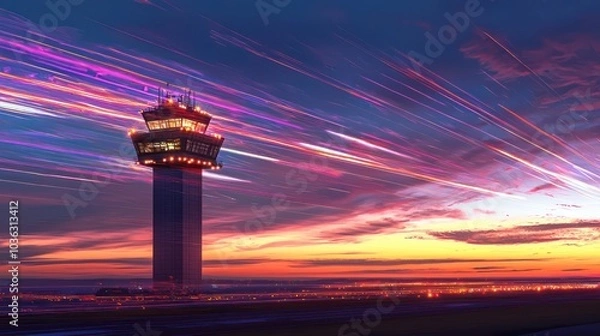 Fototapeta Airport control tower enveloped in twilight, with a backdrop of streaming lights.