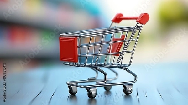 Fototapeta An increasing sales trend graph with a prominent shopping cart placed on the side. 