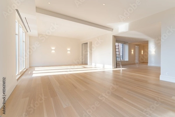 Fototapeta Unfinished Living Room Renovation with Ladder and Paint Bucket in Empty Space
