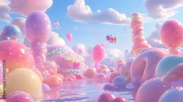 Fototapeta A dreamlike candy world with whimsical creatures floating among bubbles
