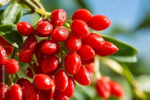 Fototapeta Goji Berry (Lycium Barbarum) plants heavy with bright red berries, growing in a sunny garden