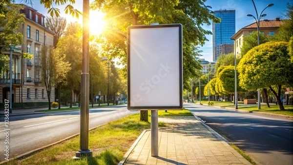 Fototapeta A blank billboard stands tall amidst a vibrant urban landscape, bathed in the warm glow of the setting sun, ready to showcase a message that will capture the attention of passersby.