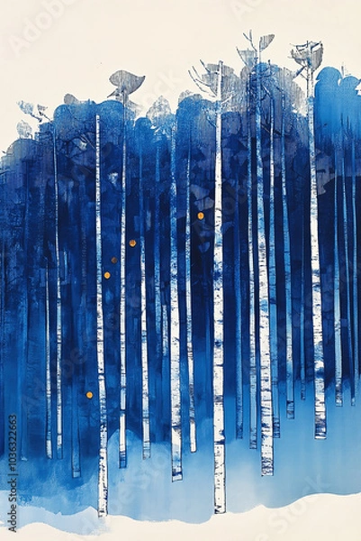 Fototapeta Traditional Japanese style woodcut print of abstract,  stylized tree trunks in blue and white.