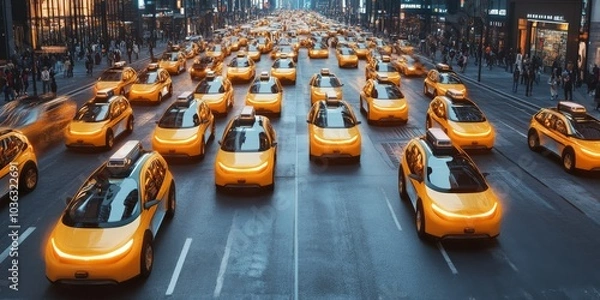 Obraz A busy urban street filled with robotaxis, all self-navigating through synchronized traffic patterns, representing a large-scale autonomous taxi network in a bustling metropolis.