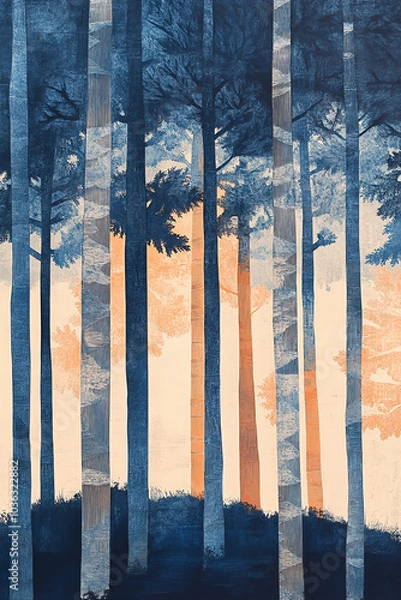 Fototapeta Japanese style woodcut print of abstract,  stylized pine tree trunks in blue, white and yellow.