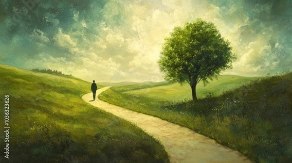 Fototapeta A confident individual walking along a path in a lush, green landscape, the road stretching forward to symbolize a journey toward life success.
