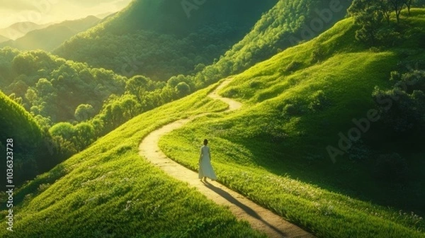 Obraz A confident individual walking along a path in a lush, green landscape, the road stretching forward to symbolize a journey toward life success.