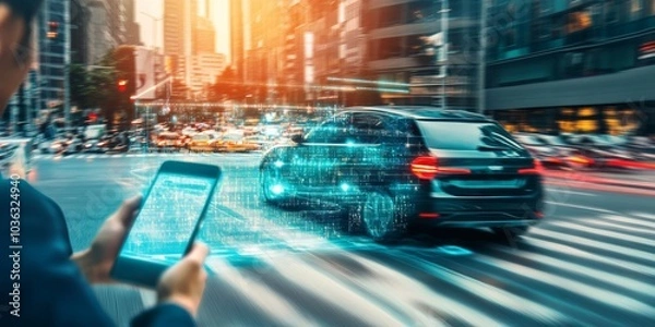 Obraz A driverless car arriving at a pickup location, with a digital interface on a smartphone app signaling the ride-hailing confirmation, set against a bustling urban environment.