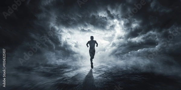 Obraz A dynamic shot of an individual running through a storm, the dark clouds parting as they sprint toward the light, capturing the moment of breaking free from fear and embracing success.