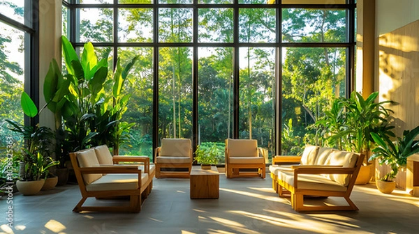 Fototapeta A view of a calming reception area in a modern holistic clinic, featuring natural wooden furniture, tropical plants, and large windows with views of lime trees, creating a welcoming and peaceful 