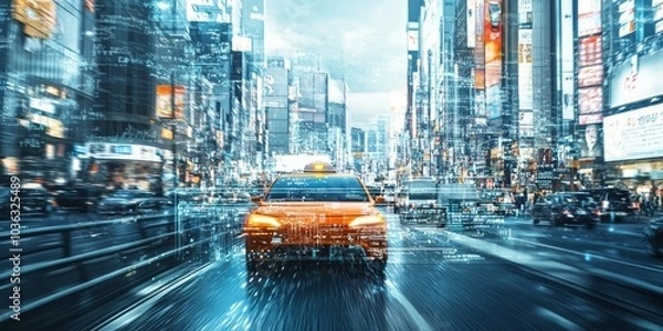 Obraz A futuristic autonomous taxi driving safely through heavy urban traffic, with visible data overlays showing the car real-time safety decisions and route planning, ensuring passenger security.