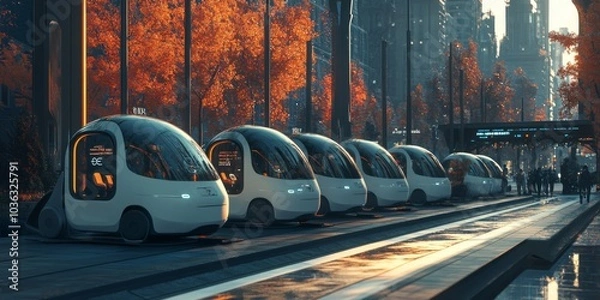 Obraz A futuristic car-sharing hub with autonomous vehicles lined up, ready for passengers to step in, demonstrating the ease and efficiency of self-driving car sharing in a smart city.