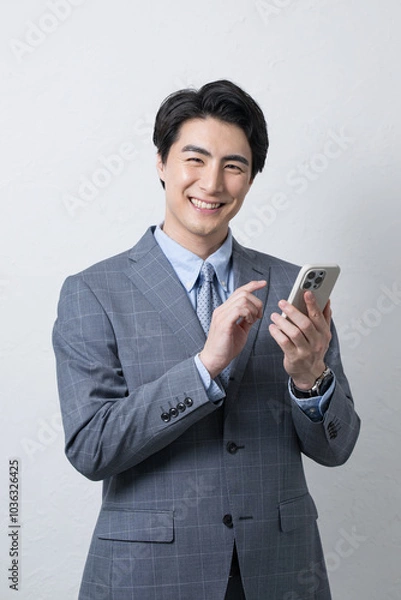Fototapeta スマートフォン(スマホ)持って操作する若いカメラ目線のスーツを着たビジネスマン　白背景の縦