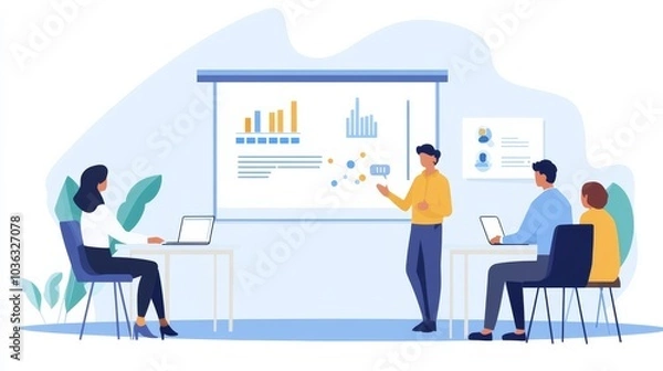 Obraz A person confidently sharing tips for success in front of a modern boardroom, with a presentation slide listing essential elements like mindset, strategy, and execution.