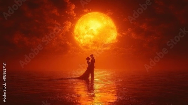 Obraz Romantic silhouette against a vibrant sunset over the ocean.