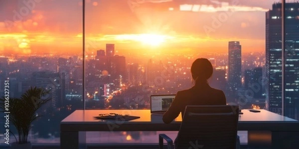 Obraz A person sitting at a desk in a modern office, looking out at a bright cityscape, reflecting on their journey of career success.