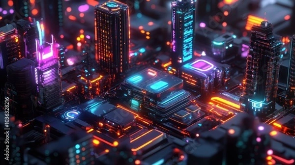 Fototapeta Futuristic Cityscape with Neon Lights