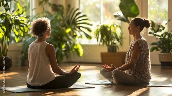 Obraz A holistic health practitioner guiding a patient through a gentle yoga session in a spacious studio, with light streaming in and tropical plants visible, creating a serene and balanced environment