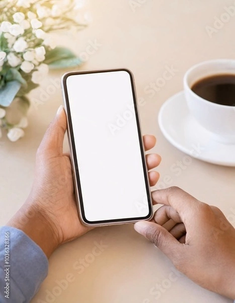 Fototapeta holding a smartphone with a blank screen in both hands. generative ai