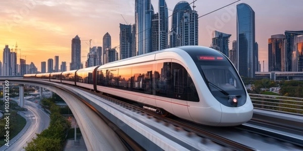 Fototapeta A sleek, futuristic driverless electric train gliding smoothly along elevated tracks, with a modern cityscape in the background, showcasing advanced technology and innovation in urban transportation.