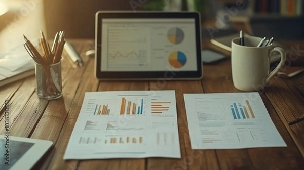 Fototapeta A well-organized desk showcasing a success blueprint with documents, graphs, and a tablet displaying key performance indicators, highlighting the step-by-step process toward achieving goals.