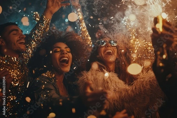 Fototapeta Group celebrating New Year's Eve, captured in high-res lifestyle photo.