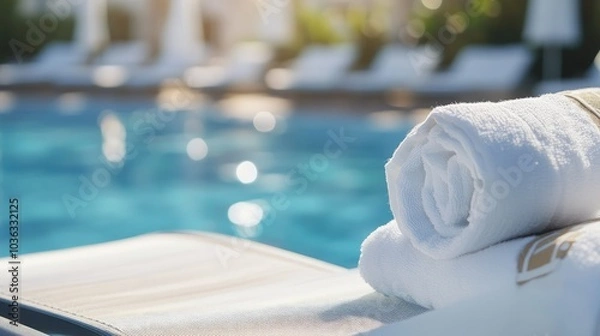 Fototapeta Close up of white towels next to a swimming pool with blue water and sea view, vacation concept