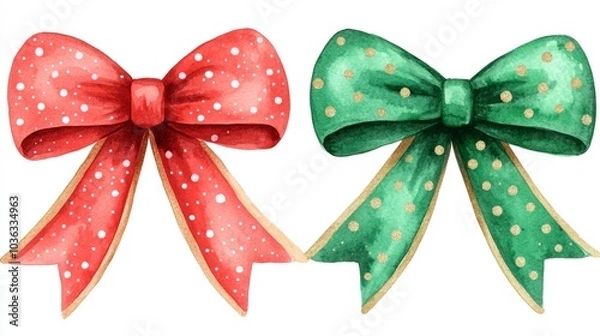 Fototapeta Red and Green Polka Dot Watercolor Bows with Gold Glitter