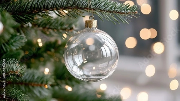 Fototapeta A clear glass ornament hangs delicately on a Christmas tree branch, surrounded by soft glowing lights, creating a festive and warm holiday atmosphere.