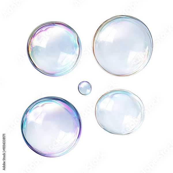 Fototapeta Soap Bubbles with Iridescent Colors on white and transparent background. PNG