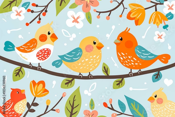 Fototapeta Beautiful and cute multi-coloured birds. Spring birds with beautiful beaks and red cheeks. Illustration
