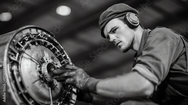 Fototapeta Focused mechanic working on an aircraft engine, showcasing the intricacies of maintenance in a black and white industrial setting.