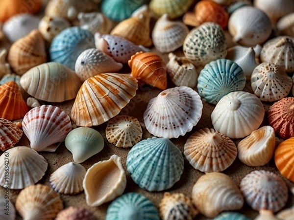 Fototapeta Vibrant and diverse seashells create a stunning background, perfect for beach themes, summer projects, and coastal decor and sea theme backdrop use.