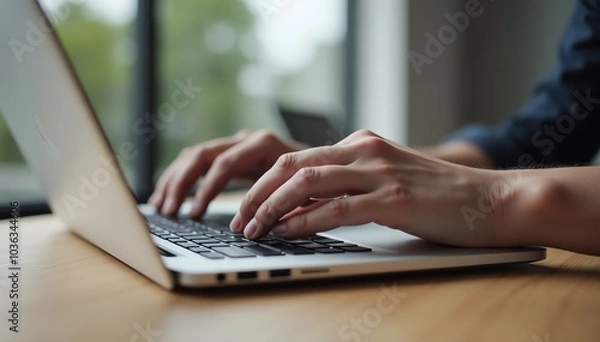 Obraz Person typing on a laptop keyboard.