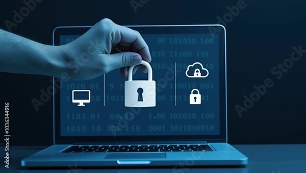 Fototapeta Hand holding a padlock over a laptop screen. The laptop is placed on a desk with a dark background.