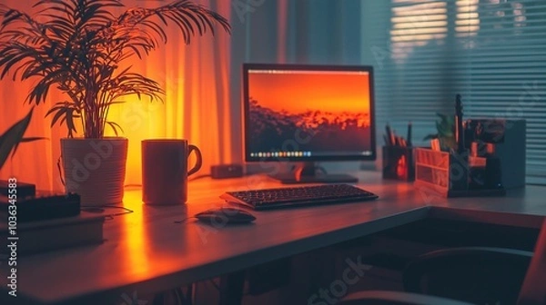 Fototapeta A white desk with a computer, a keyboard, a mouse, a mug, and a plant.