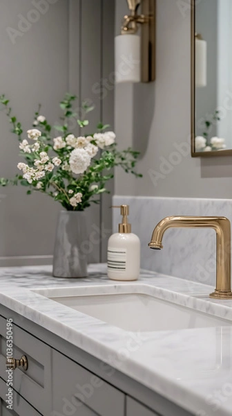 Fototapeta A detailed shot of a brass faucet and sink set into greige cabinetry, with the marble floor reflecting the muted light of a rainy evening, adding a moody touch to the cozy bathroom 