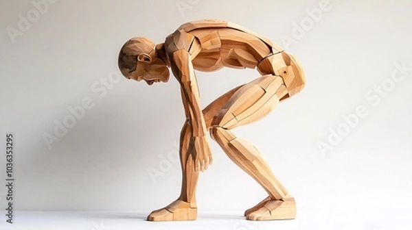 Fototapeta 2408 16.A wooden jointed figure bent forward, placing one hand on its lower back as it grimaces in pain. The exaggerated pose highlights discomfort, simulating back or hip pain, with the figure