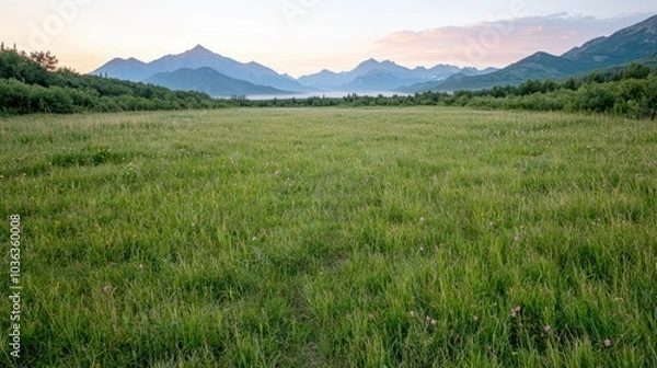 Fototapeta Scenic mountain landscape with green meadow at sunset