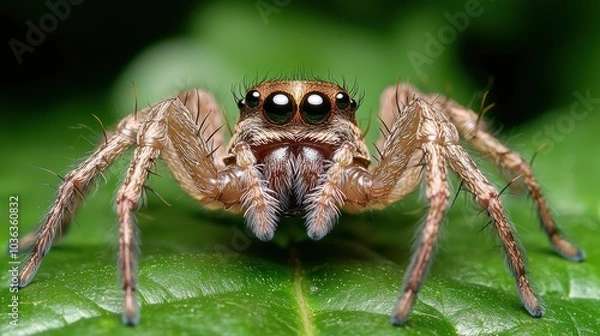 Fototapeta close-up of a jumping spider on a green leaf