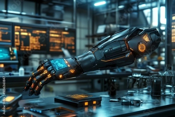 Fototapeta Futuristic Cybernetic Arm with Glowing Sensors